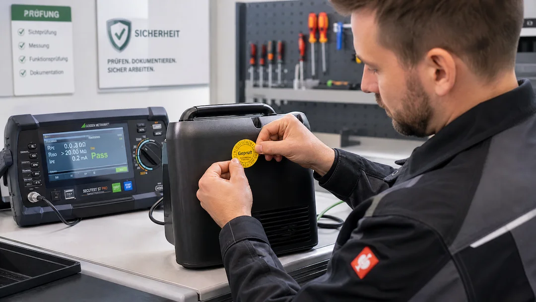 DGUV V3 Prüfung mit Prüfplakette an elektrischem Betriebsmittel